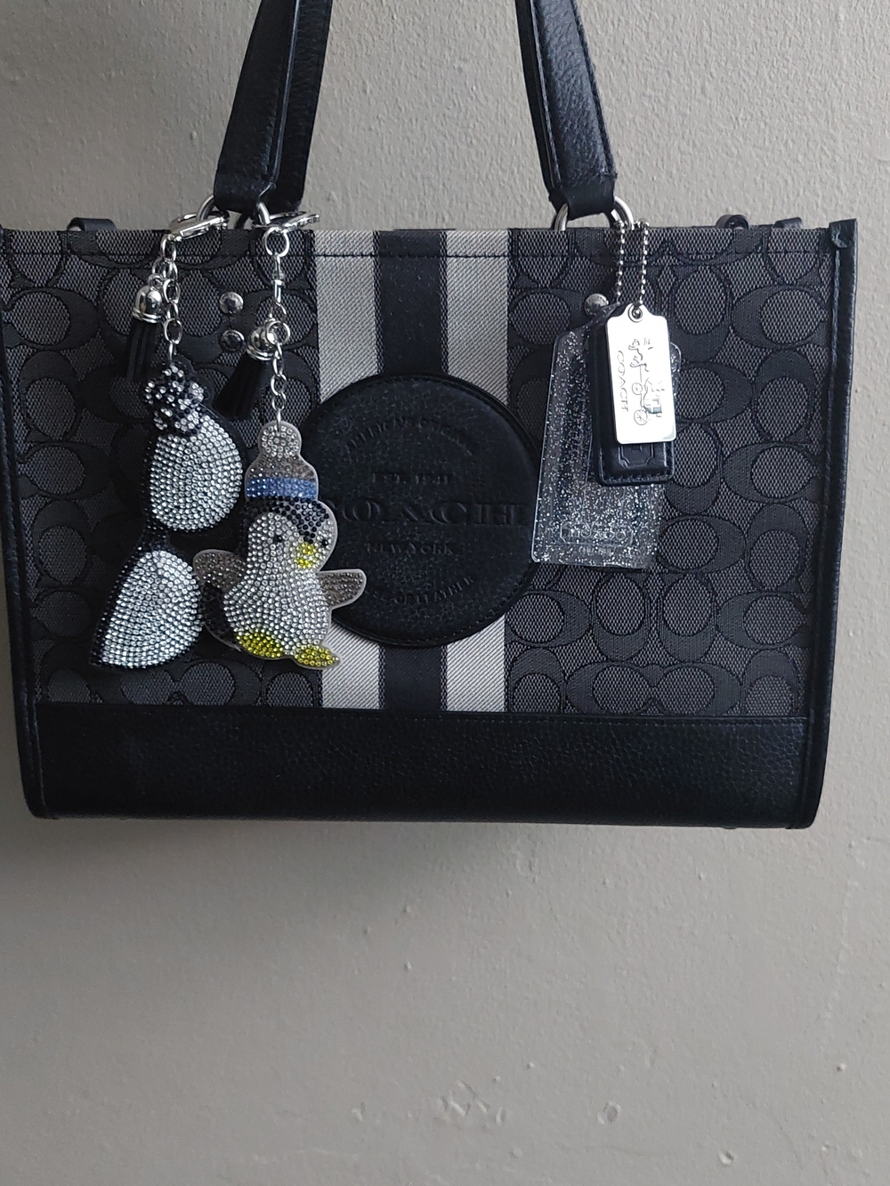 Coach Black and Gray Signature Stripe Tote with Charm Accents